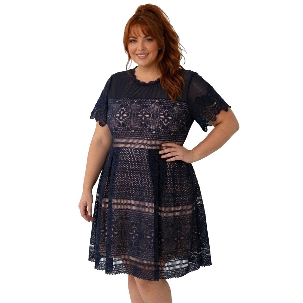 Suzanne Betro 3X Exquisite Embroidered Navy Crochet Lace Short-Sleeve Dress